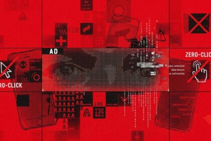 Illustration of a phone and laptop displaying ads beside a surveillance symbol