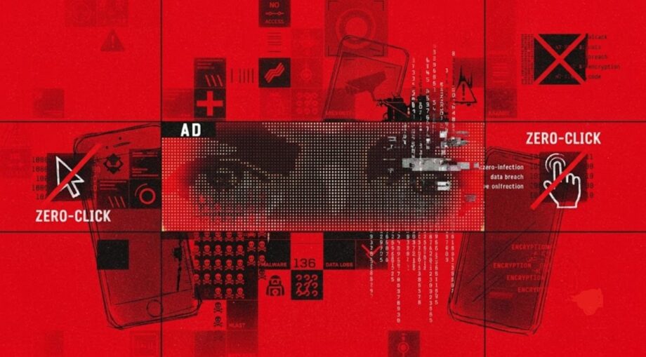 Illustration of a phone and laptop displaying ads beside a surveillance symbol