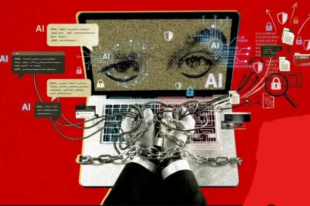 Illustration of an AI assistant answering a suspicious call beside an audio waveform