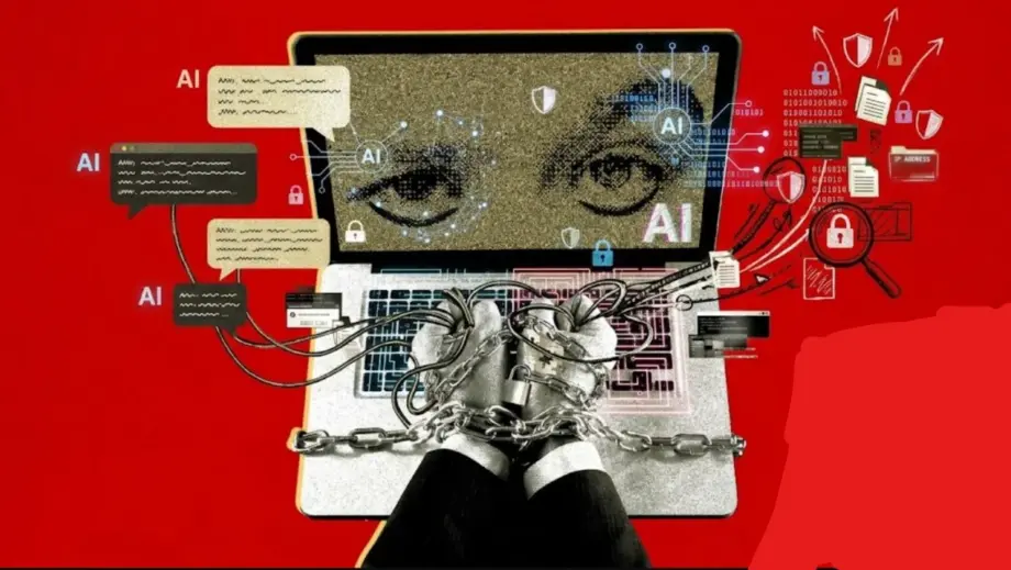 Illustration of an AI assistant answering a suspicious call beside an audio waveform