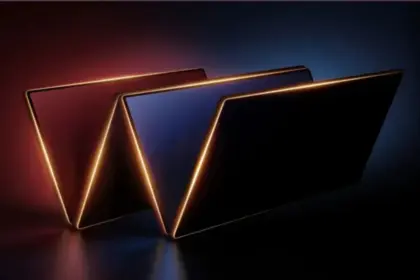 Concept illustration of a book-style foldable phone with a dark blue back and gold accents
