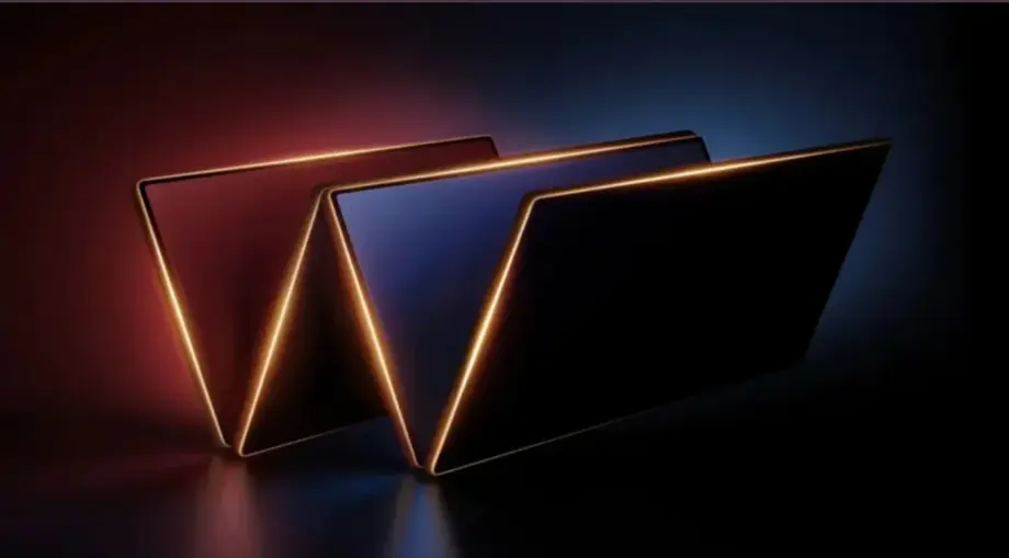 Concept illustration of a book-style foldable phone with a dark blue back and gold accents