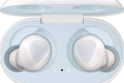 Concept illustration of wireless ear-hook earbuds beside a charging case