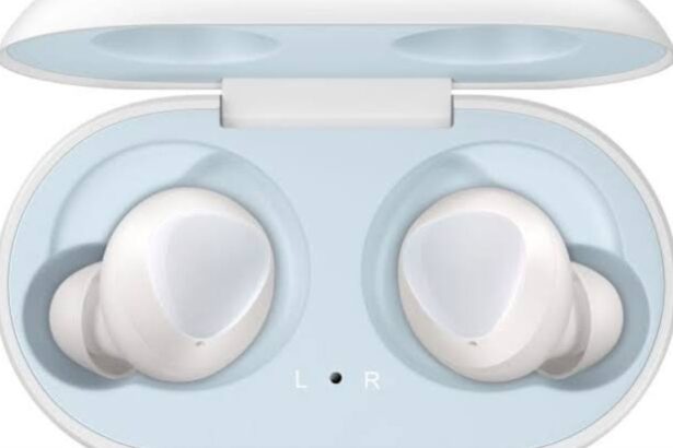 Concept illustration of wireless ear-hook earbuds beside a charging case