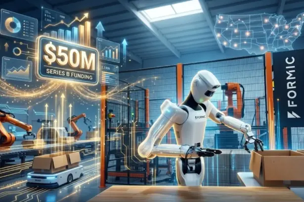Illustration of robotic arms packing boxes on a manufacturing line