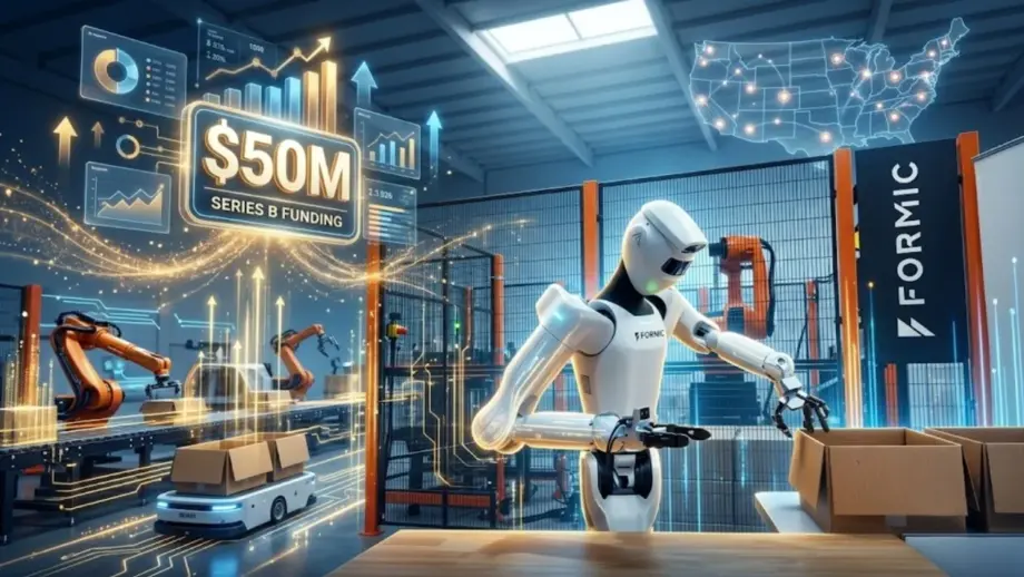 Illustration of robotic arms packing boxes on a manufacturing line