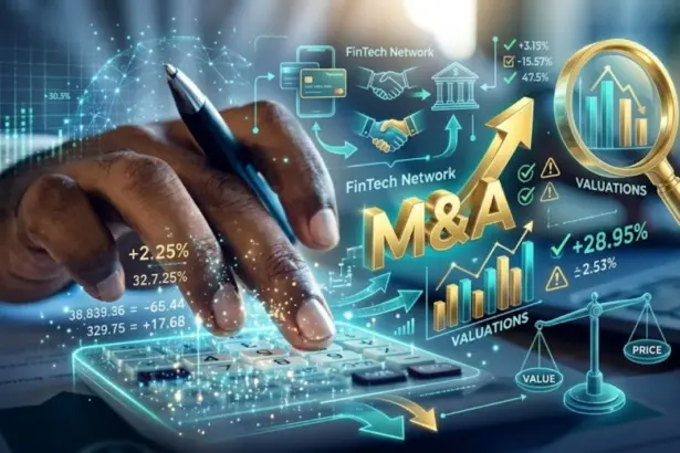Illustration of financial technology companies connected by a business acquisition