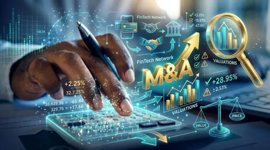 Illustration of financial technology companies connected by a business acquisition