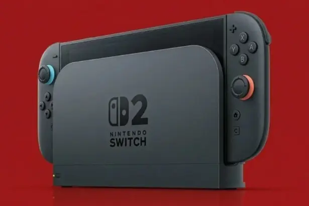Editorial illustration of a Nintendo Switch 2 console beside abstract code graphics