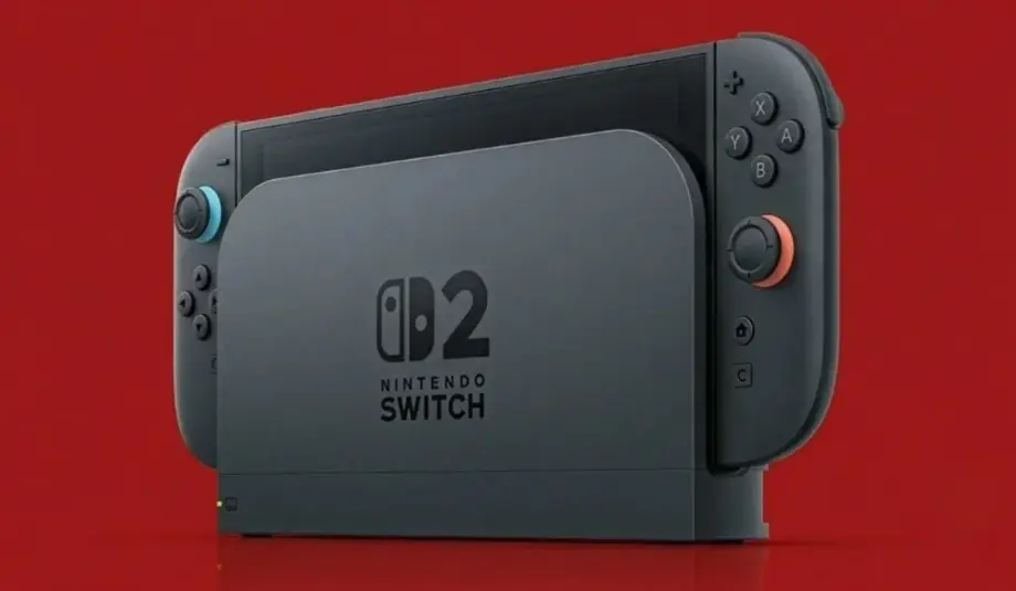 Editorial illustration of a Nintendo Switch 2 console beside abstract code graphics