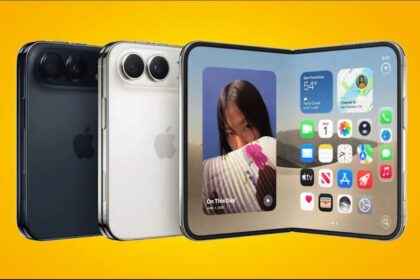 Illustration of a folding smartphone with video, document and meeting layouts