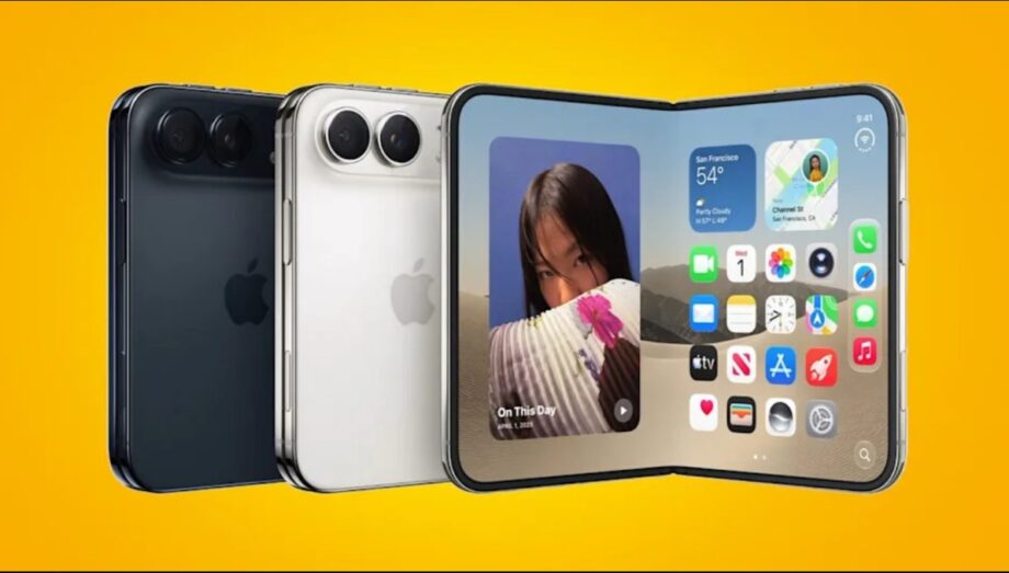 Illustration of a folding smartphone with video, document and meeting layouts