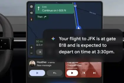 Google Gemini AI assistant on a car infotainment screen with navigation.