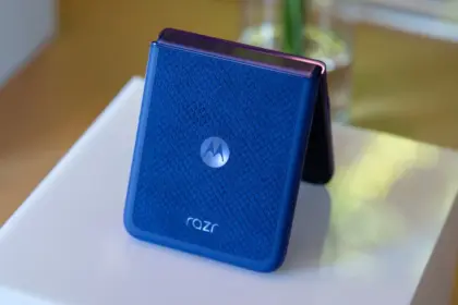 Motorola Razr Ultra 2025 partially folded with its cover display and rear cameras visible