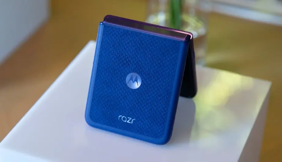 Motorola Razr Ultra 2025 partially folded with its cover display and rear cameras visible